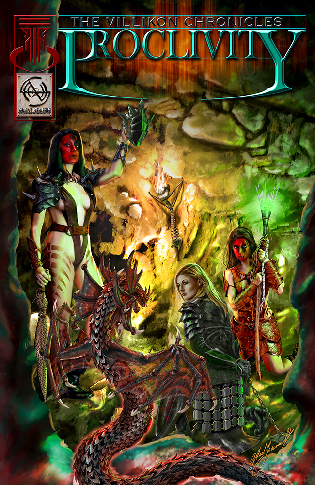 The Villikon Chronicles Proclivity cover shows the wiccan sisterhood duo of Quintessa and Slyla have captured Stealth Strike Sentinel Adonia Zin’Badova.