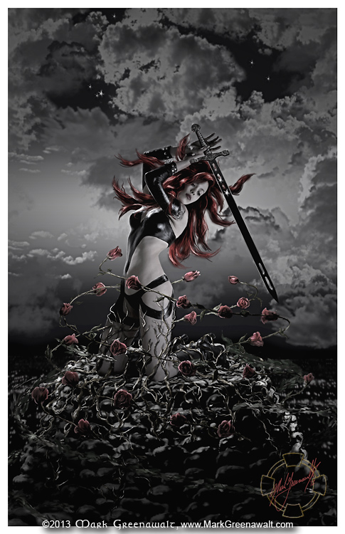 Mark Greenawalt fantasy illustration Glory was developed from a liquid latex bodypainting for recording artist Miss Krystle for her Run music video. A version of this image was used for the CD cover. This digital work was completed by Greenawalt using photoshop and Painter software.