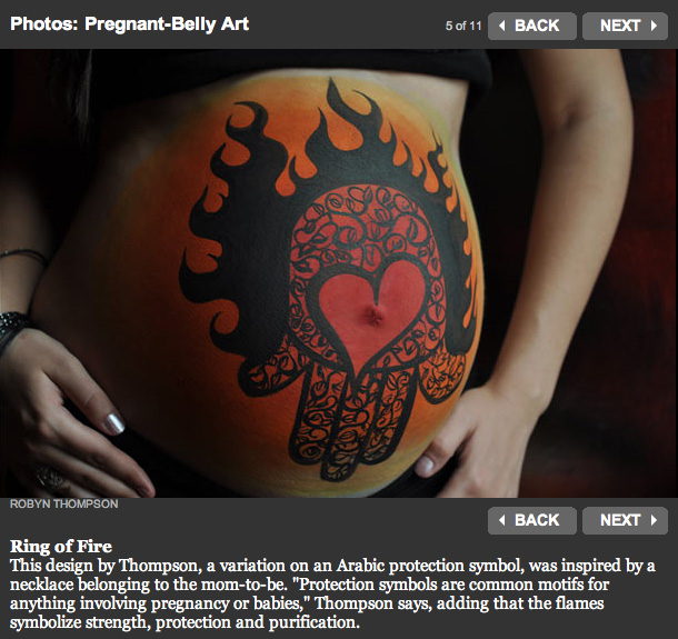 Ring of Fire This design by Thompson, a variation on an Arabic protection symbol, was inspired by a necklace belonging to the mom-to-be. "Protection symbols are common motifs for anything involving pregnancy or babies," Thompson says, adding that the flames symbolize strength, protection and purification.