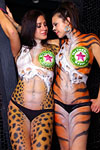 Two cat bodypaintings with Heineken bottle caps