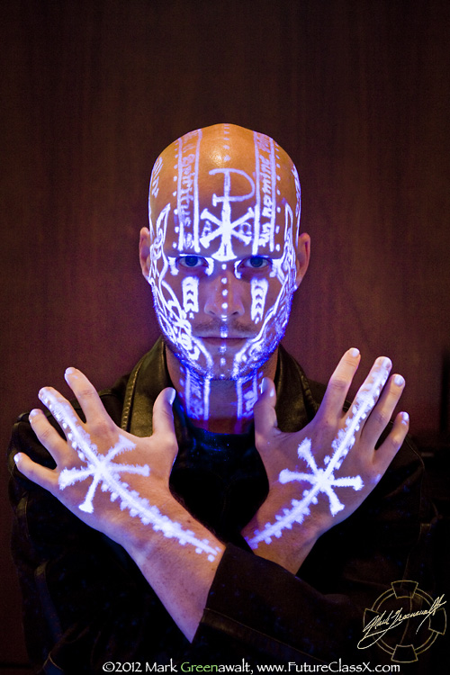 Special invisible UV body art for angel scene In Distant Shadows